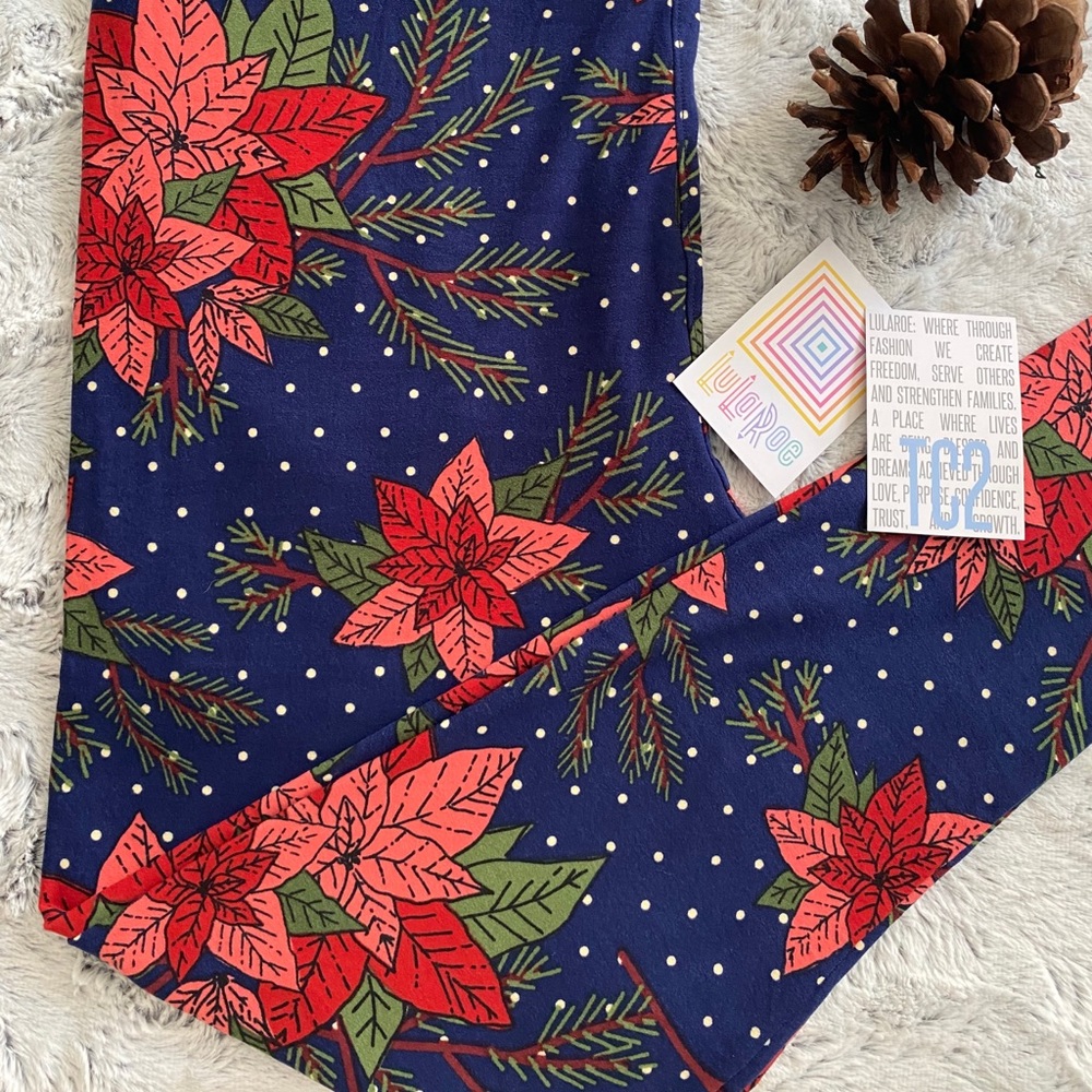 LulaRoe tc2 navy dot poinsettia leggings